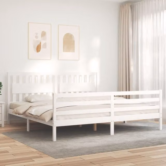 Berkfield Home White Solid Pine Wood Bed Frame with Headboard 200 x 200 cm