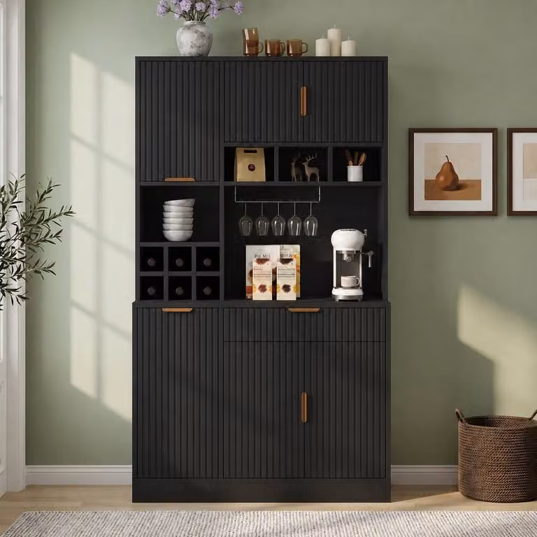 Matteo Black Tall Cabinet Sideboard with Power Outlet and Wine Rack, W/D/H: 100 x 40 x 175 cm
