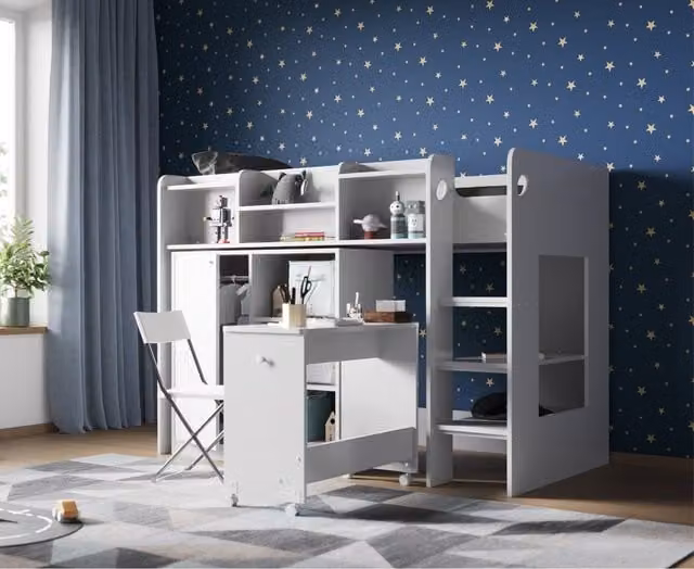 Flair Furnishings Wizard Mid High Sleeper Workstation in White, Single