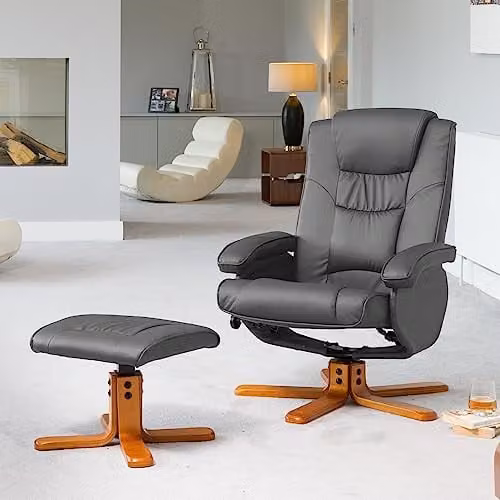 Severn Grey Bonded Leather Compact Recliner Chair and Matching Footstool with 360 Degree Swivel Base, Width: 73 cm