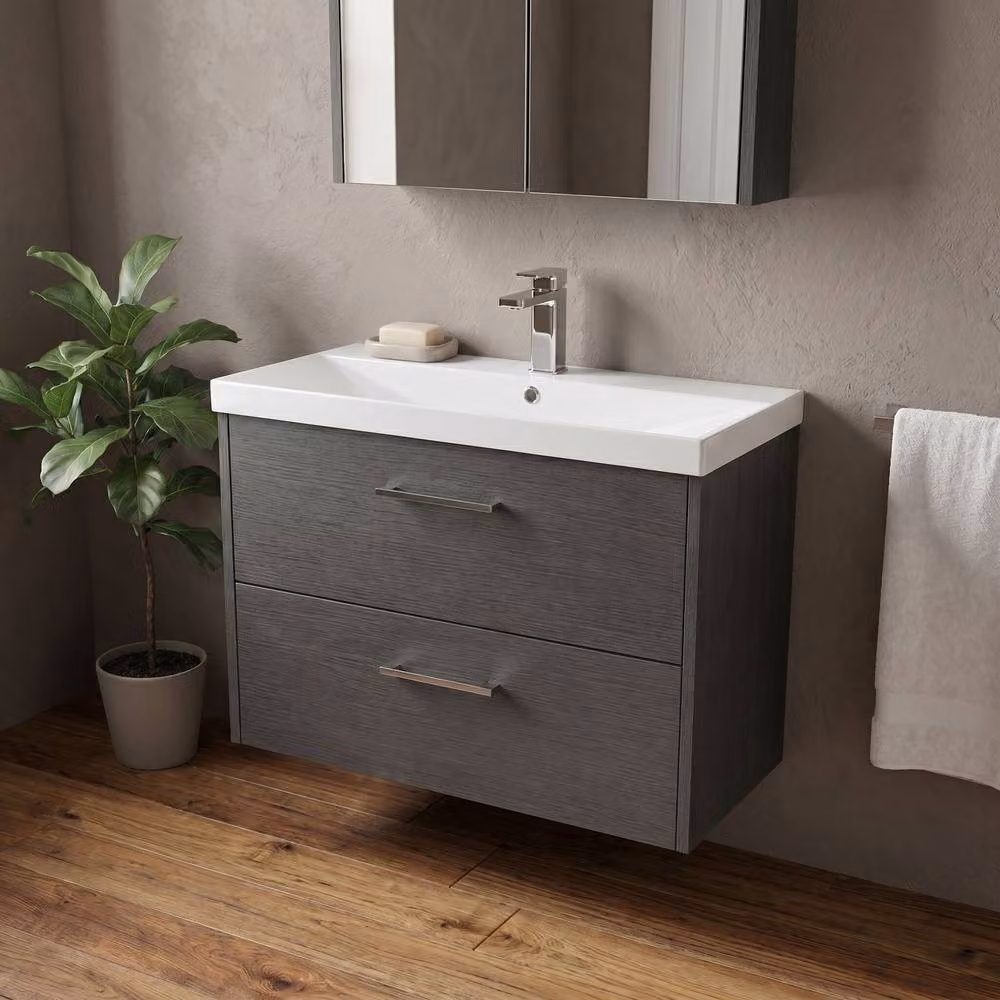 Balterley Wall Mounted 2 Drawer Bathroom Vanity Unit with Basin in Matt Grey W/D/H: 80 x 38.5 x 58.9 cm – 2