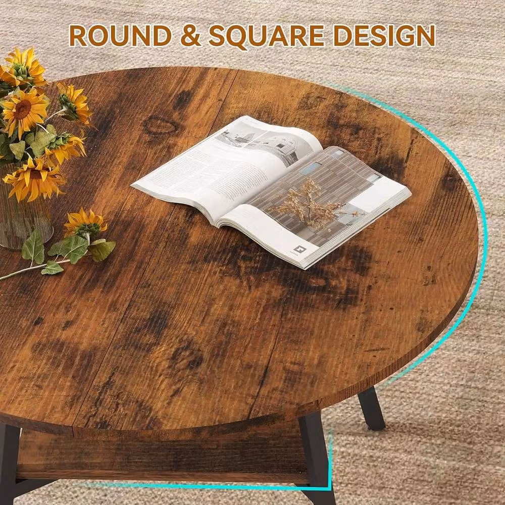 KORVIXA Round 2-Tier Coffee Table with Storage in Brown, Diameter: 100 cm – 3