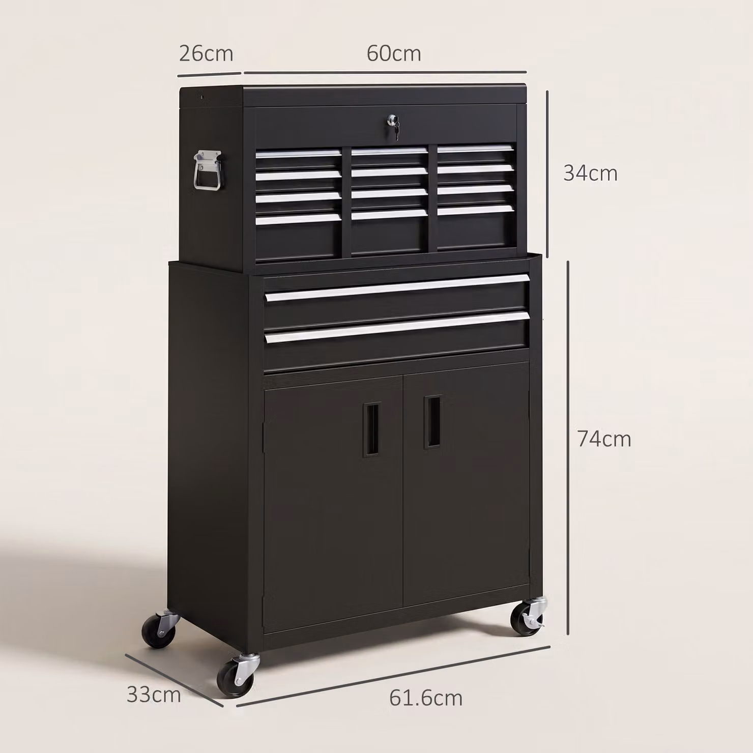 HOMCOM Portable Metal Tool Storage Box with 6 Drawers and 1 Bottom Cabinet, Lockable Rolling Tool Chest, Black – 3