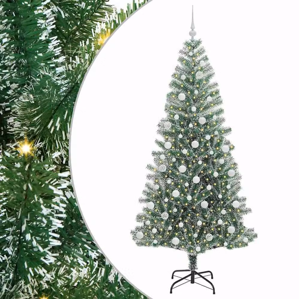 Berkfield Home Snow Flocked Artificial Christmas Tree with LED Lights, Green and White, Height: 210 cm – 3