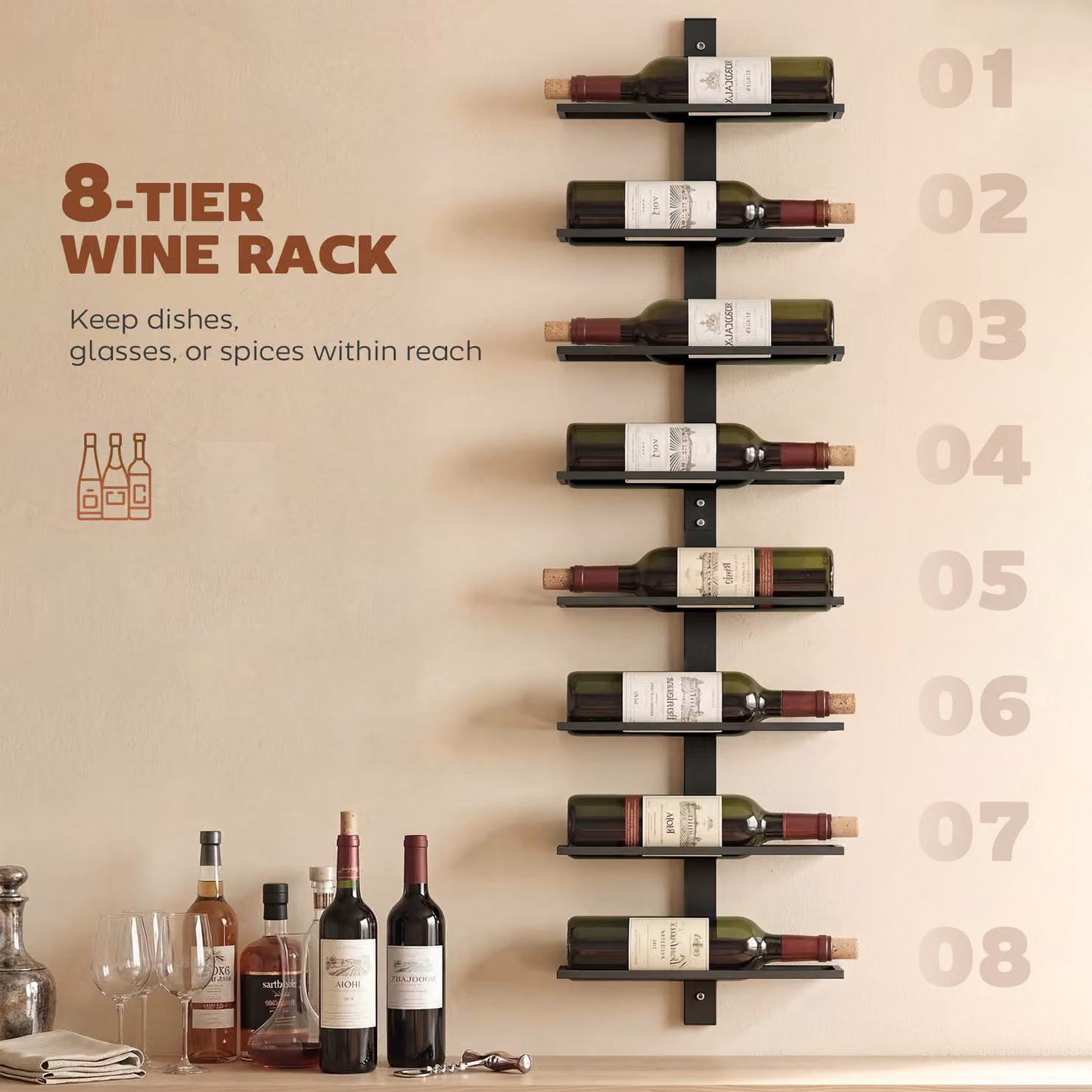 HOMCOM 8 Tier Wall Mounted Metal Wine Rack in Black – 3