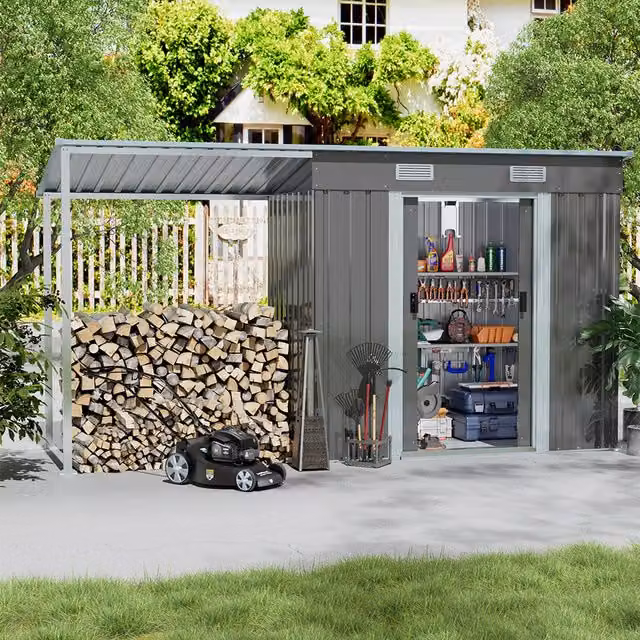 Breeins Metal Outdoor Storage Shed with Side Awning and Double Doors, Dark Grey, W: 121 cm
