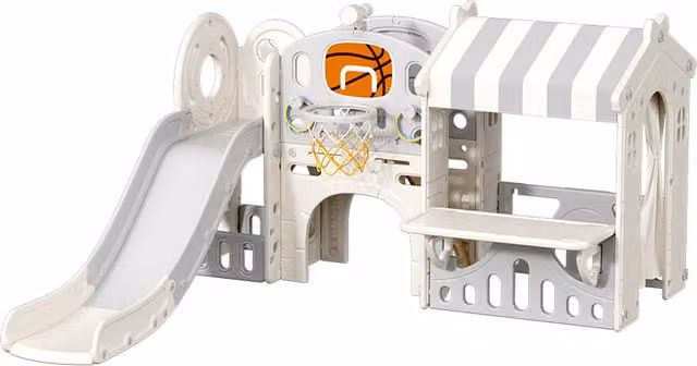 Kidkid Slide Climber Playhouse Combo for Toddlers with Throwing Game, Beige and Grey