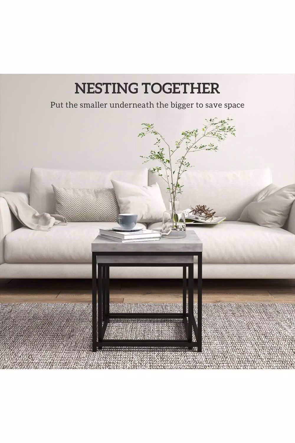 ERGOVEXA Nest of 2 Square Coffee Tables in Grey with 3.5cm Thick Tabletop – 2