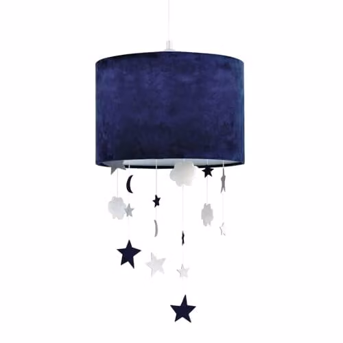 Happy Homewares Midnight Blue Velvet Pendant Lamp Shade with Hanging Felt Stars and Clouds, Diameter: 30 cm