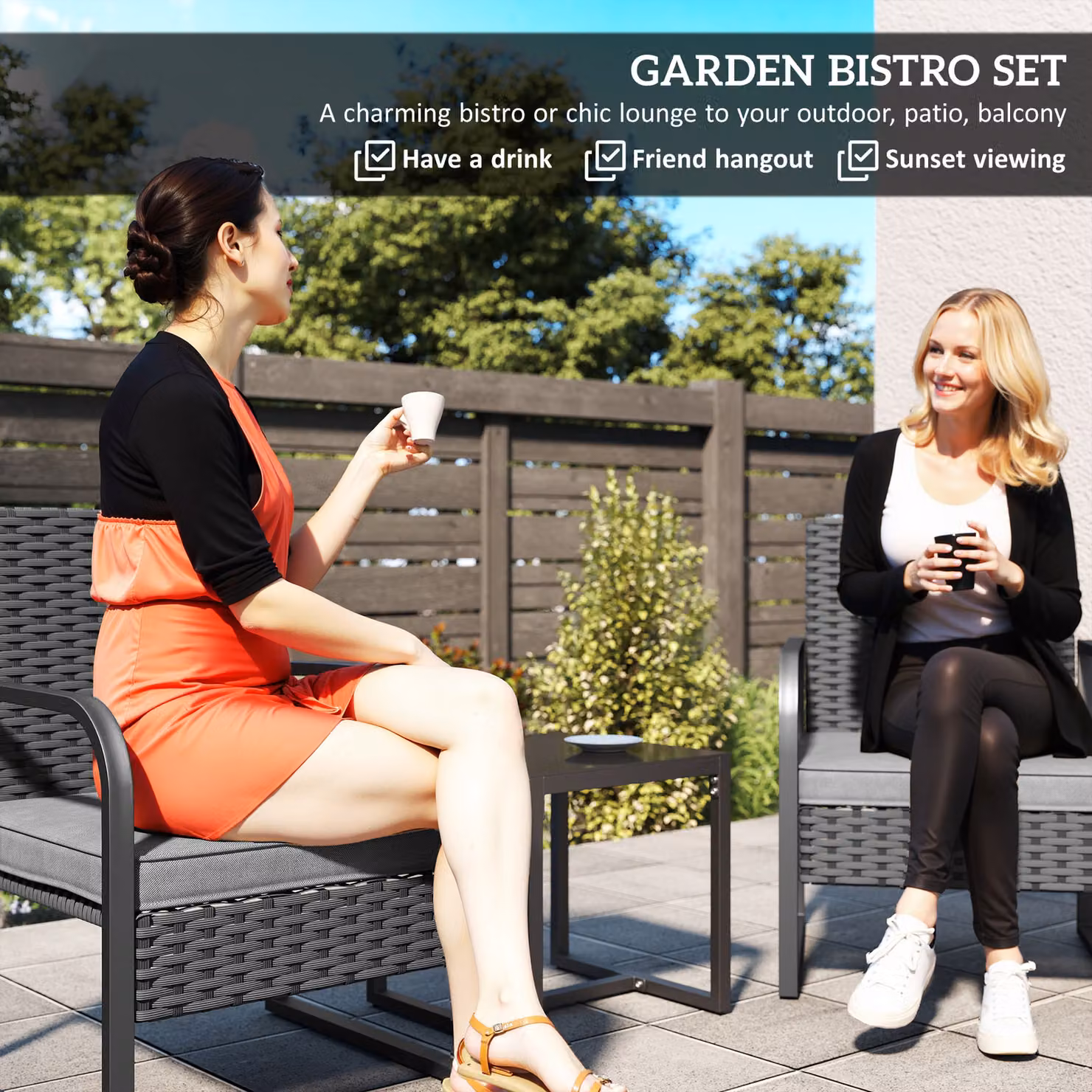 Outsunny 3 Piece Rattan Bistro Set with Cushions and Glass Top Table, Black – 4
