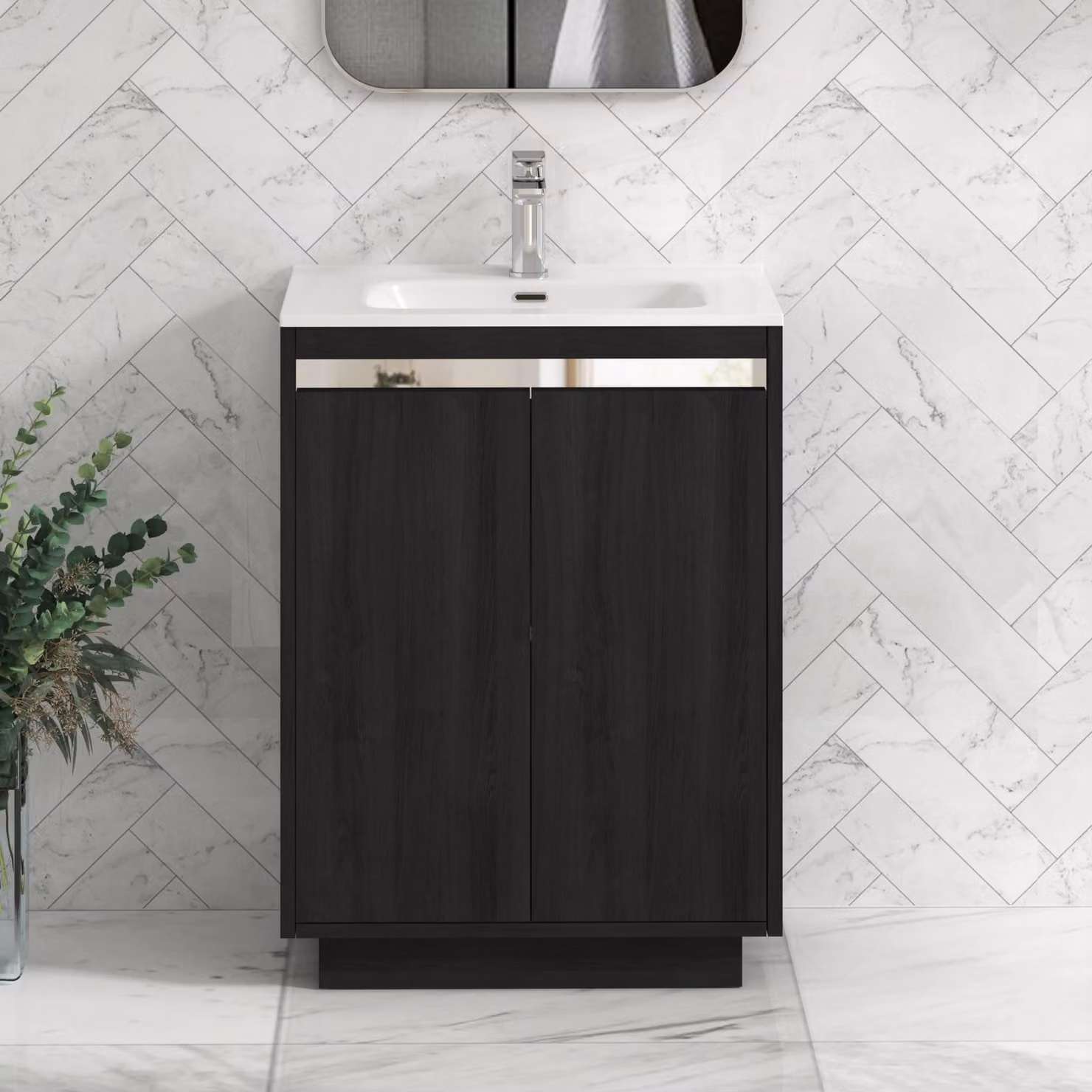 Royal Bathrooms Orion 600mm Floor Standing 2 Door Vanity Unit in Matt Black with Ceramic Basin and Chrome Accent Trim