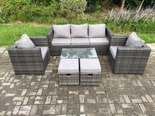 Fimous Modern Dark Grey Rattan Garden Furniture Set with 3 Seater Sofa, Coffee Table, 2 Armchairs and 2 Ottomans