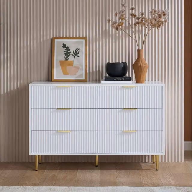 Birlea Modern White and Gold Striped 6 Drawer Bedroom Chest