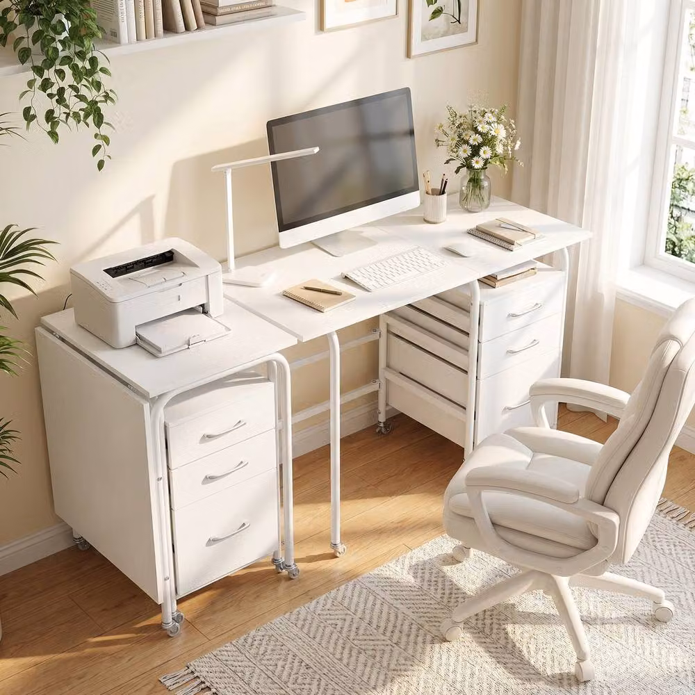 Costway Folding Computer Desk with 3 Drawers in White – 3