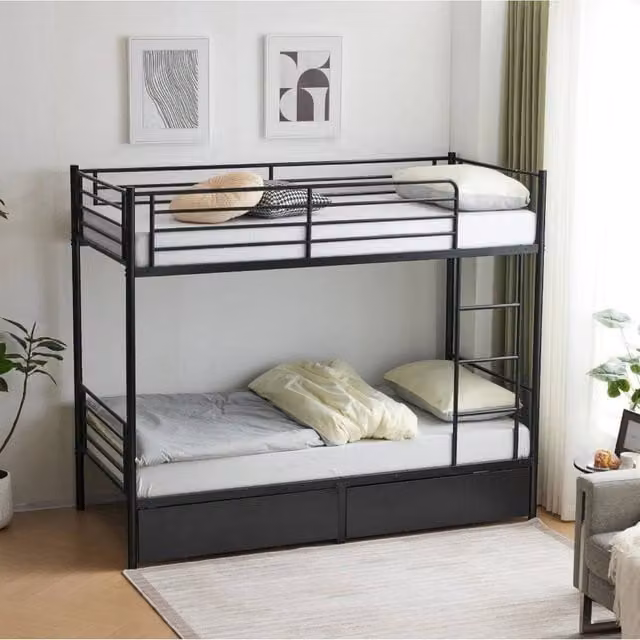 EONLION Twin Over Bunk Bed Frame with Single Loft Sleeper and Drawers, Black Metal – 1