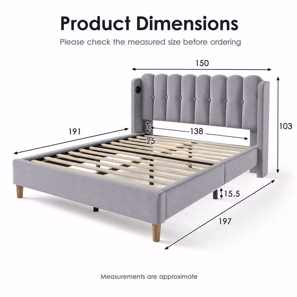 STILVORA Modern Upholstered Double Bed Frame in Grey with USB Charging Port, W/D/H: 140 x 200 x 137 cm – 2