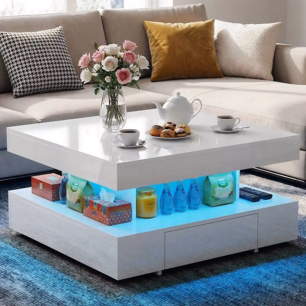 KORVIXA Modern High Gloss LED Coffee Table with 2 Drawers, White, W/D/H: 100 x 100 x 40 cm – 3