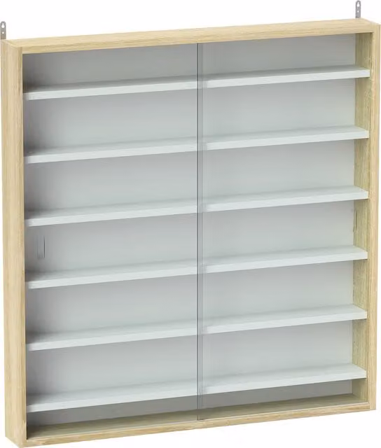 HOMCOM 7-Tier Wall Mounted Display Shelf Unit with 6 Adjustable Shelves and Glass Doors, Brown Oak, W: 80 cm, H: 83 cm, D: 80 cm