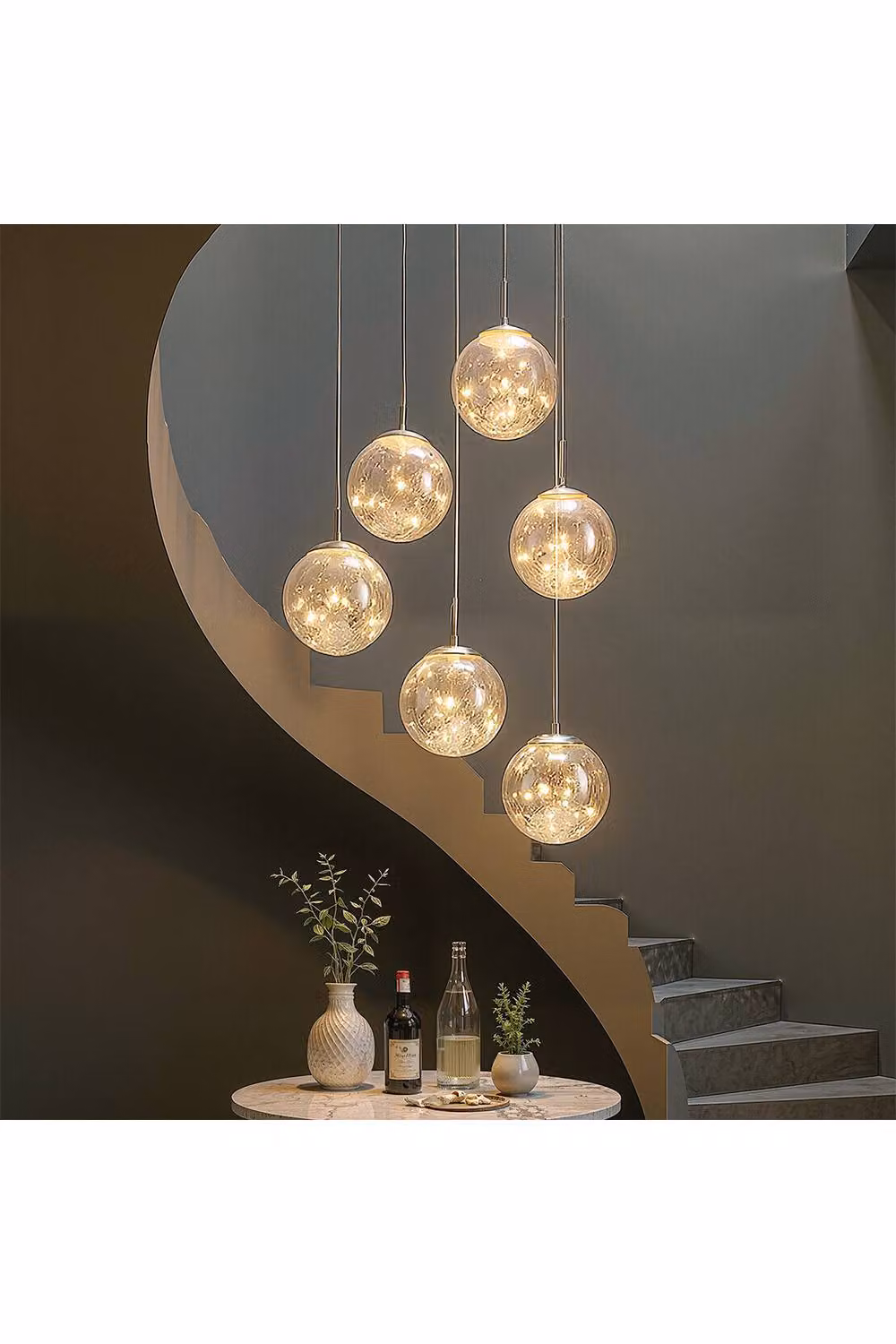 Living and Home Modern Six-Head Suspended Pendant Light Chandelier in Silver with Transparent Glass Spheres – 3