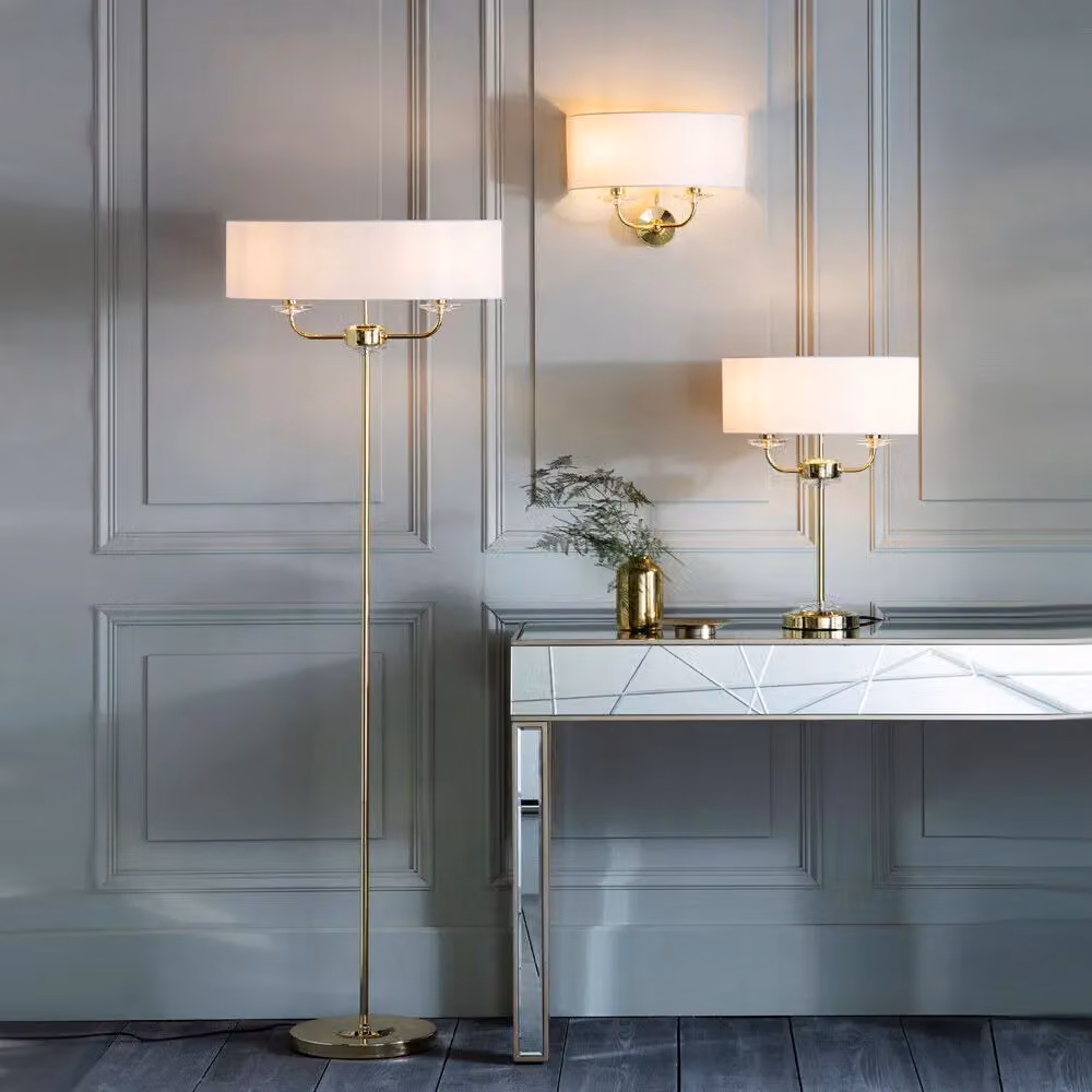 Loops Twin Floor Lamp with Brass Base and White Fabric Shade – 2