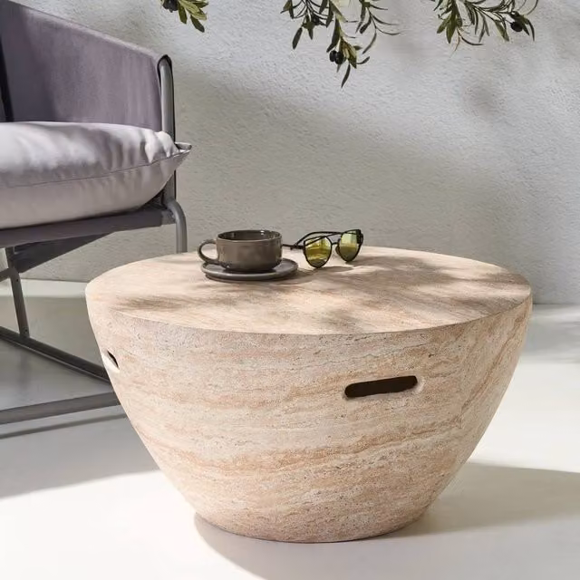 Wyld and Coco Beige Travertine Effect Round Coffee Table with Ceramic Top – 1