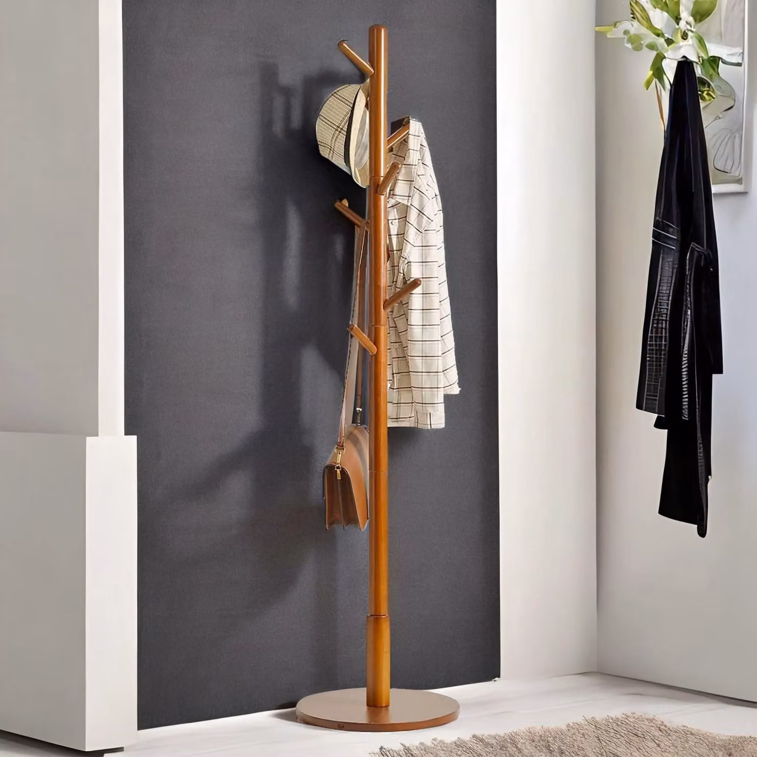 Rafaelo Mobilia Adjustable Brown Rubberwood Coat Stand with 8 Hooks and Round Base – 3