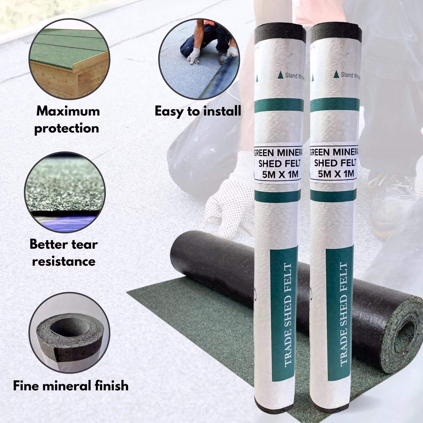 Novecrafto Heavy-Duty Mineral Shed Roofing Felt, Standard Grade, Green, 2 Rolls, W/D/H: 5 x 1 m per roll – 2