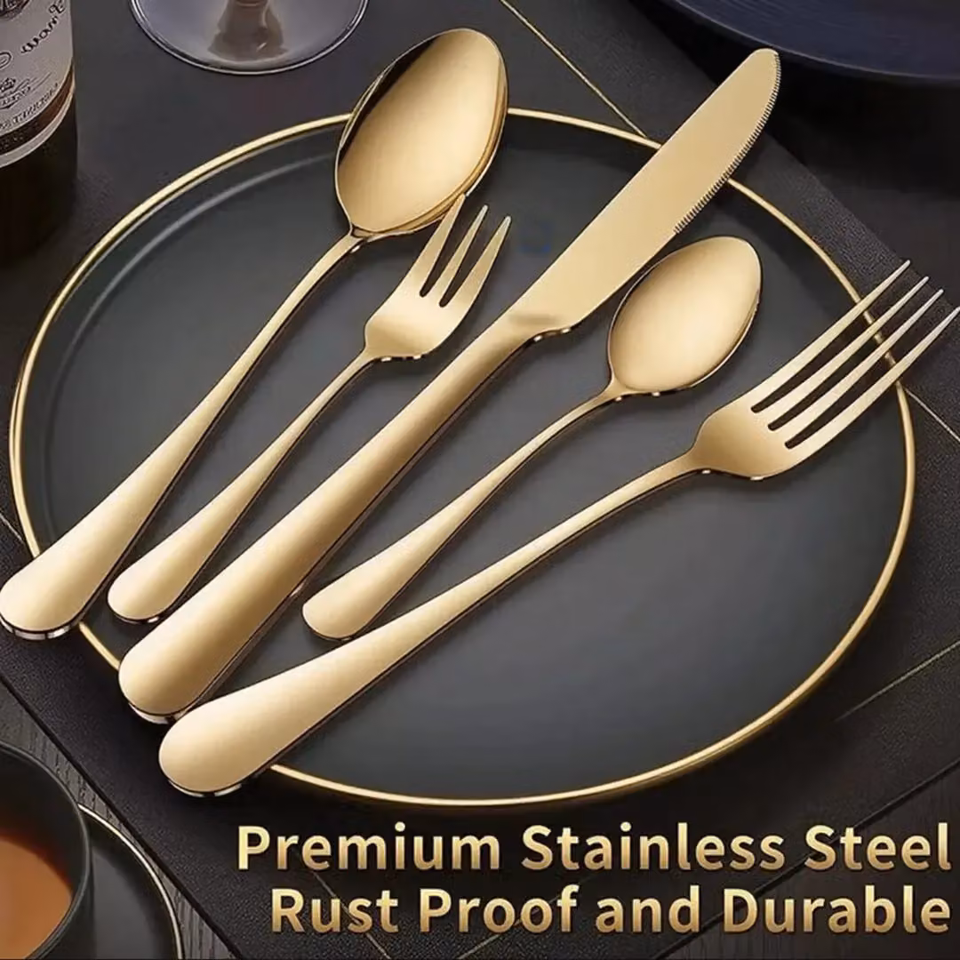 SPETLEK 30 Piece Gold Coated Stainless Steel Cutlery Dinner Set including Forks, Spoons and Teaspoons – 5
