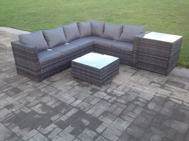 Fimous Rattan Corner Sofa Set Garden Furniture with Tall Coffee Table and Side Table in Dark Grey