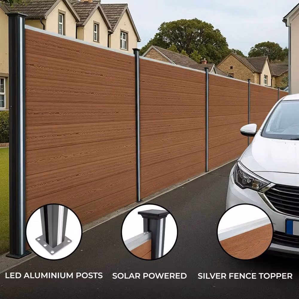 Monstershop Composite Fence Panel and LED Posts in Brown Terracotta, W/H: 180 x 185 cm – 2