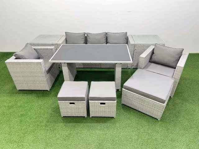 Fimous Modern Garden Furniture Set with Black Glass Top Dining Table and Light Grey Armchairs