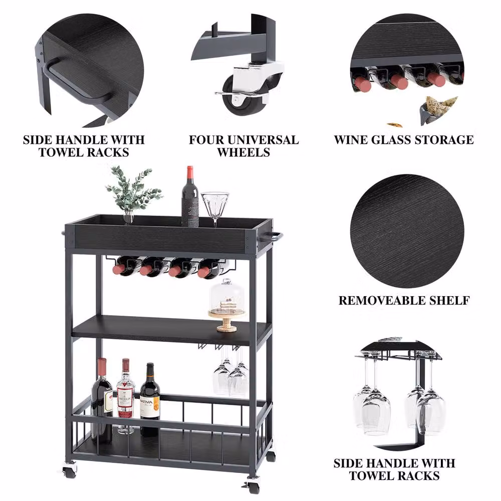 Huhote Black Metal and Glass Bar Cart with Wine Rack and Wheels for Kitchen Storage – 4