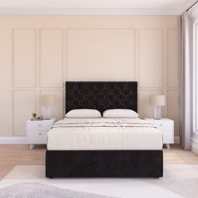Sloomy Mayfair Black Plush Velvet Hybrid Memory Foam Bed Set with Headboard, W/D/H: 90 x 190 cm