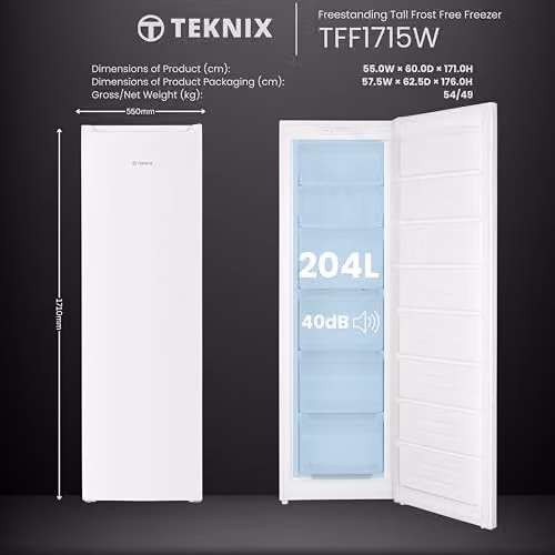 Teknix TFF1715W White Freestanding Upright Tall Freezer with 204L Capacity, Frost Free and Reversible Door, H171.0 x W55.0 x D60.0 cm – 2