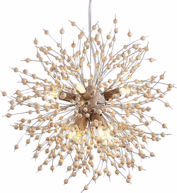 NIVOR 8-Light Dandelion Firework Chandelier with Wooden Beads in Natural Beige – 1
