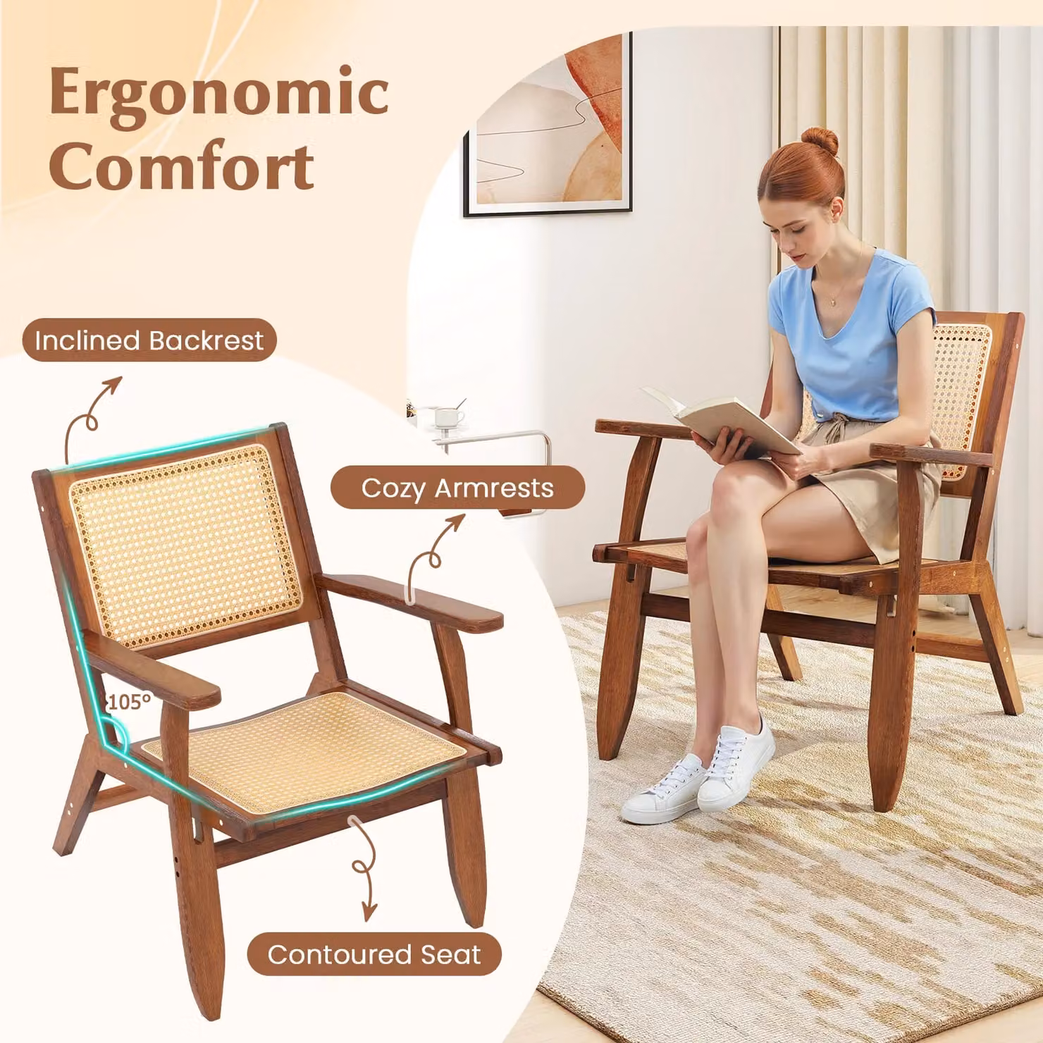 Gymax Boho Rattan Accent Chair in Brown Walnut with Armrests – 5