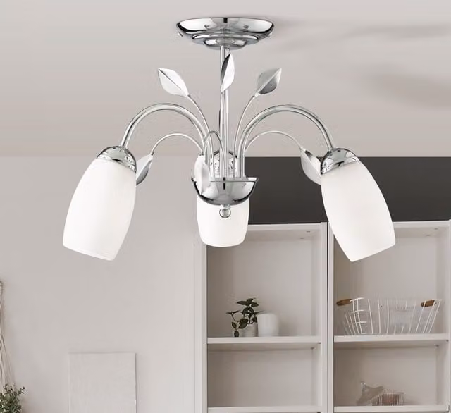Lighting Collection 3-Light Semi-Flush Ceiling Light with White Glass Shades in Chrome and Silver – 1