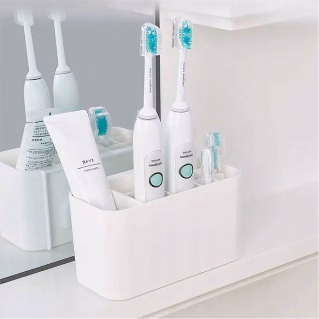 Nordara Wall-Mounted Electric Toothbrush Holder and Large Bathroom Caddy Storage Organiser in White – 1
