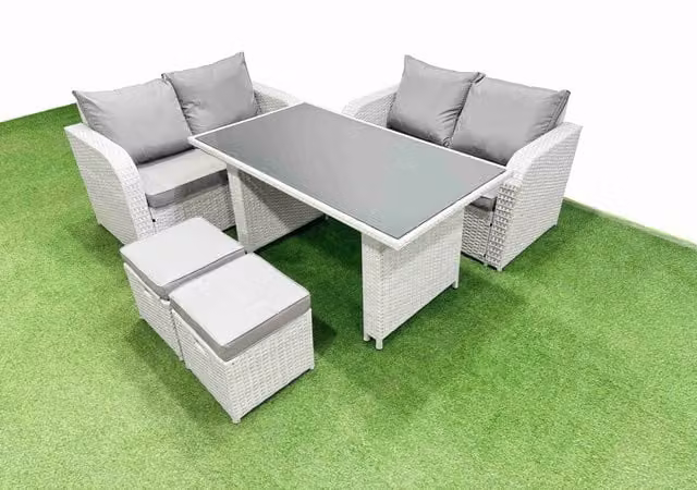 Fimous 5 Piece Outdoor PE Rattan Sofa Set with 2 Small Stools in Light Grey