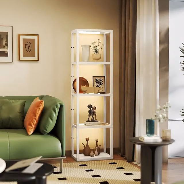 HOMCOM Dimmable LED Floor Lamp with 4 Glass Shelves in White and Wood – 1