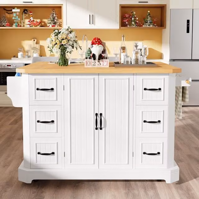 Aosom UK Mobile Kitchen Island with 2 Doors, 6 Drawers and Wood-Effect Worktop in White, W: 120 cm, D: 45 cm, H: 91 cm