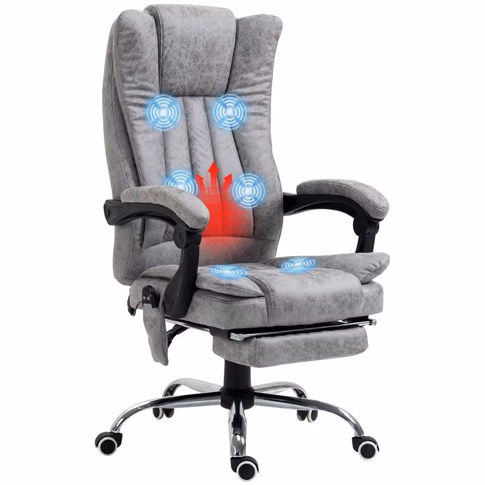 Rolipo Grey Microfibre Heated Massage Reclining Office Chair with Footrest and Headrest – 2