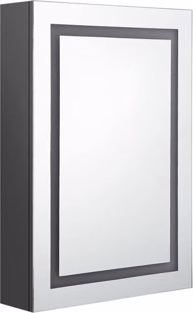 Berkfield Home LED Bathroom Mirror Cabinet in Grey with Hinged Glass Doors and Internal Shelves, W/D/H: 50 x 13 x 70 cm