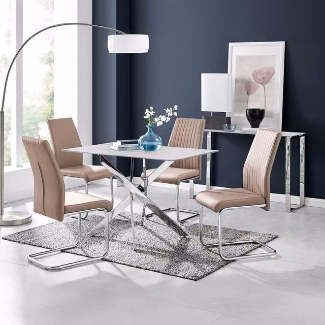 FurnitureboxUK Leonardo White Glass Marble Effect Dining Table with 4 Lorenzo Chairs in Cappuccino