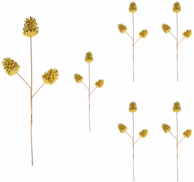 Shatchi Gold Glitter Pine Cone Christmas Picks, 6 Pack, Height: 58 cm