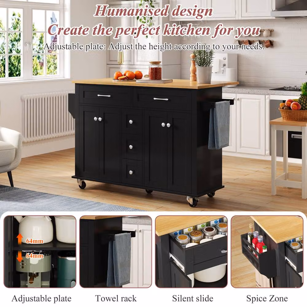Matteo Black and Natural Kitchen Island Trolley with Foldable Top and Storage, W/D/H: 120 x 40 x 89 cm – 2