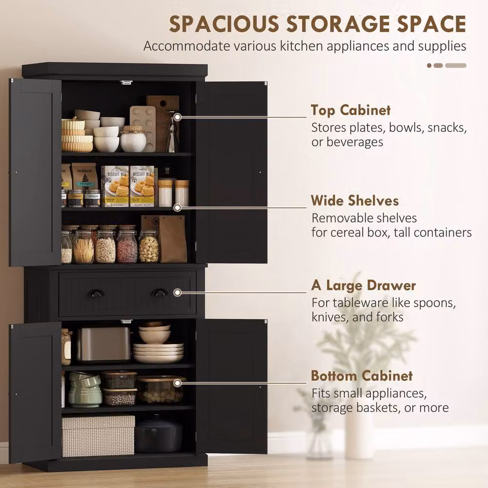 HOMCOM Black Freestanding Kitchen Storage Cabinet with Drawers, Cupboards and Shelves – 4