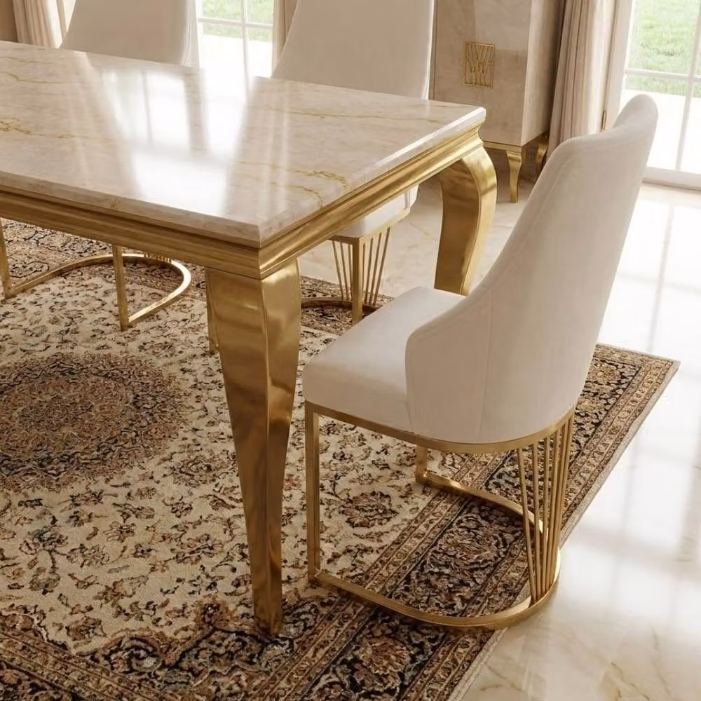 HOME LUXE INTERIOR Sofia Rectangular Marble Dining Table and 4 Lasco Fabric Chairs in Cream and Gold – 6