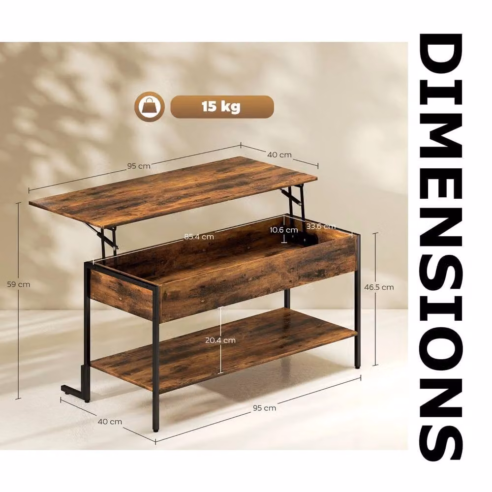 Pirlo Plush Industrial Lift Top Coffee Table with Storage Shelf in Brown and Black, W/D/H: 95 x 46.5 x 40 cm – 7