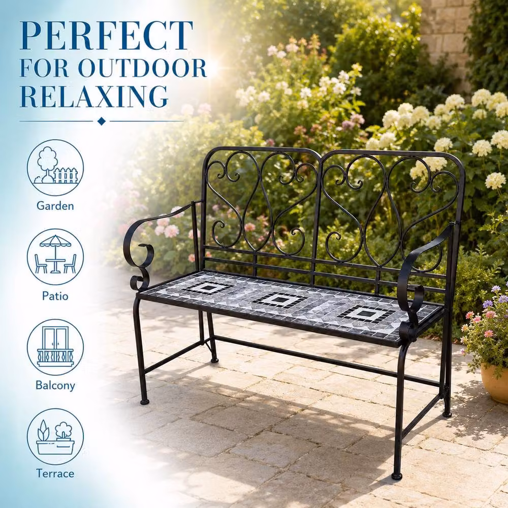 Shatchi Medina Mosaic 2 Seater Garden Bench in Multicolour Metal and Ceramic Tile, W: 112 cm, H: 96 cm, D: 47 cm – 3